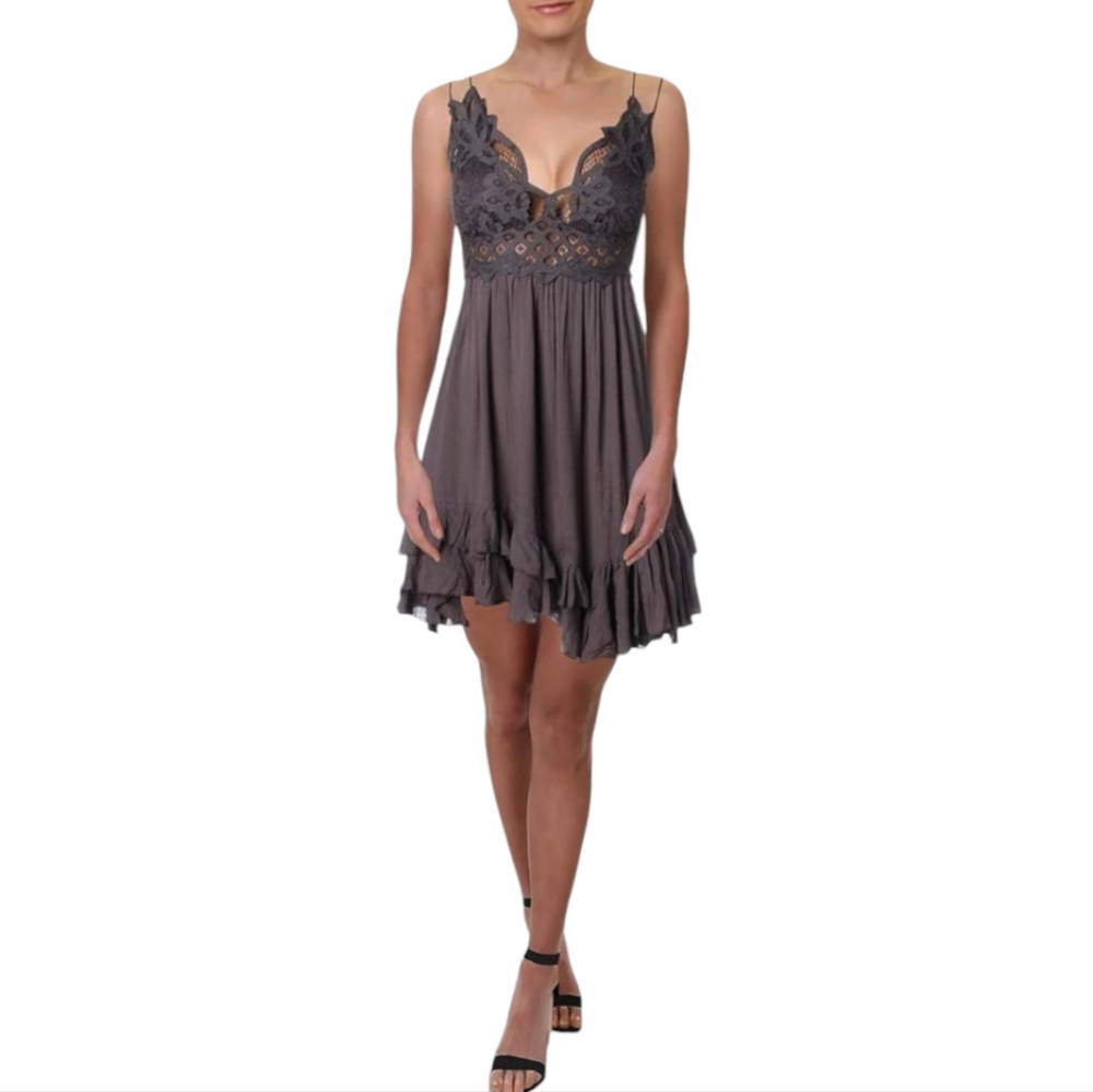 NWT Free People Adella Slip-on Dress Color Gray. Size M Medium Boho.